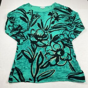 Cache Teal Sweater Abstract Floral 3/4 Sleeve Y2K Artsy Casual Stretch Knit M